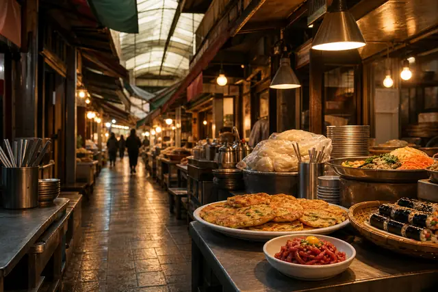 광장시장 먹거리 골목을 따라 빈대떡과 김밥을 살펴보는 실내 시장 동선 일러스트